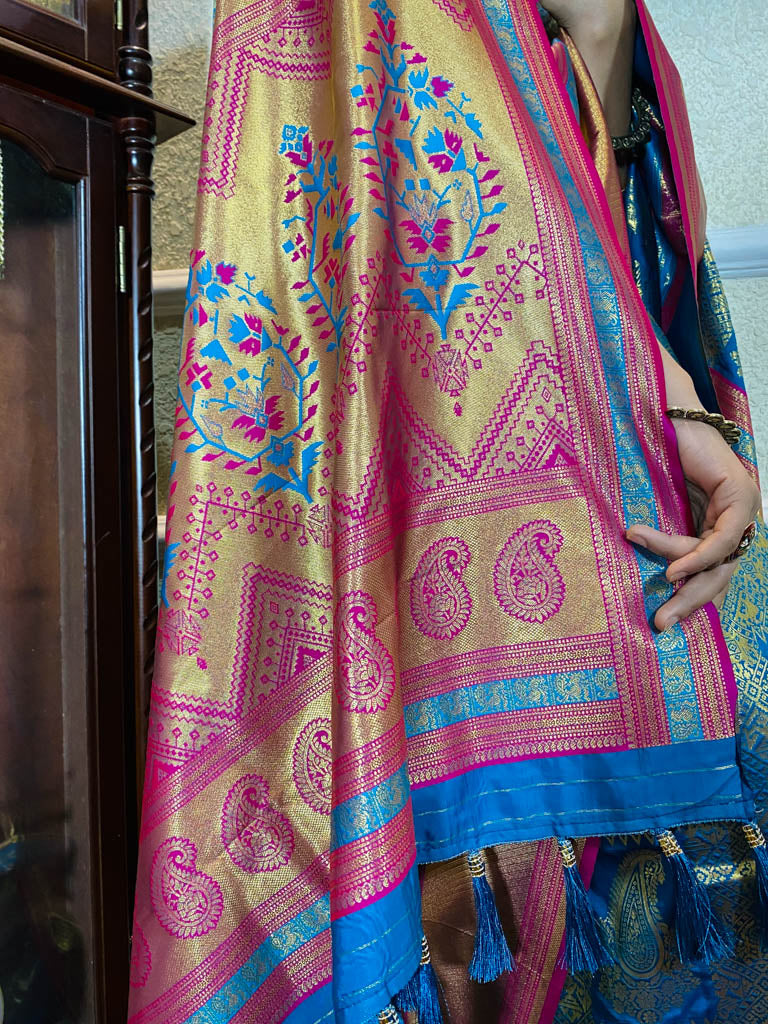 Azure Blue Kanjeevaram Silk Banarasi Handloom Saree