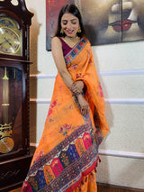 Apricot Orange Linen Sequined Saree