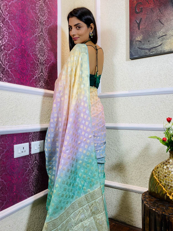 Multi Shade Hand Dyed Banarasi Silk Saree