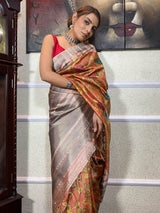 Carrot Orange Kalamkari Handloom Tussar Silk Saree