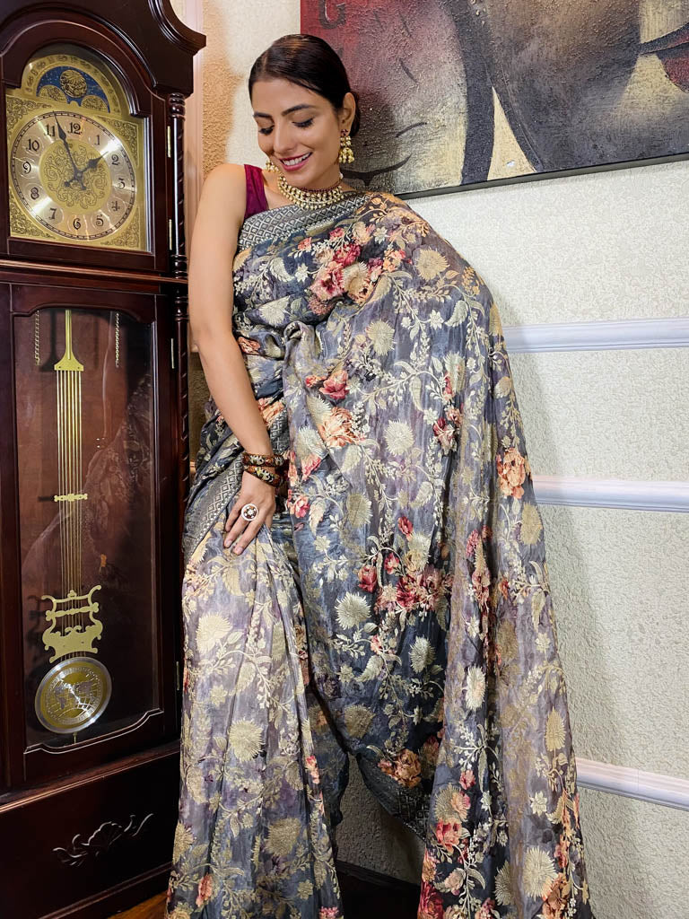 Fossil Grey Designer Banarasi Silk Saree