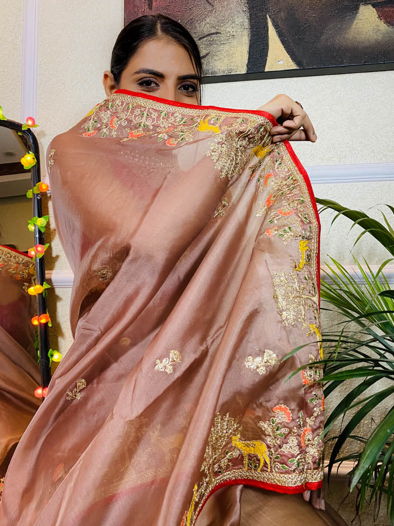 English Brown Organza Crape Silk Saree