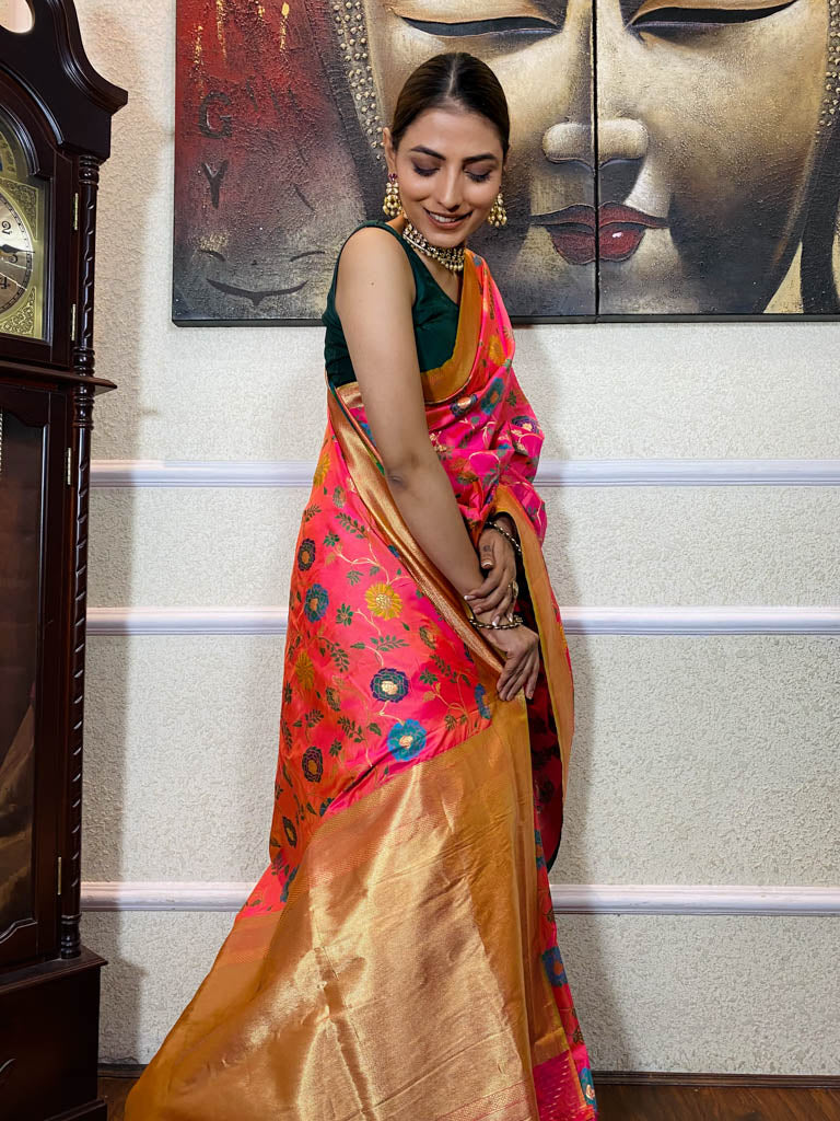 Carrot Pink Banarasi Silk Saree