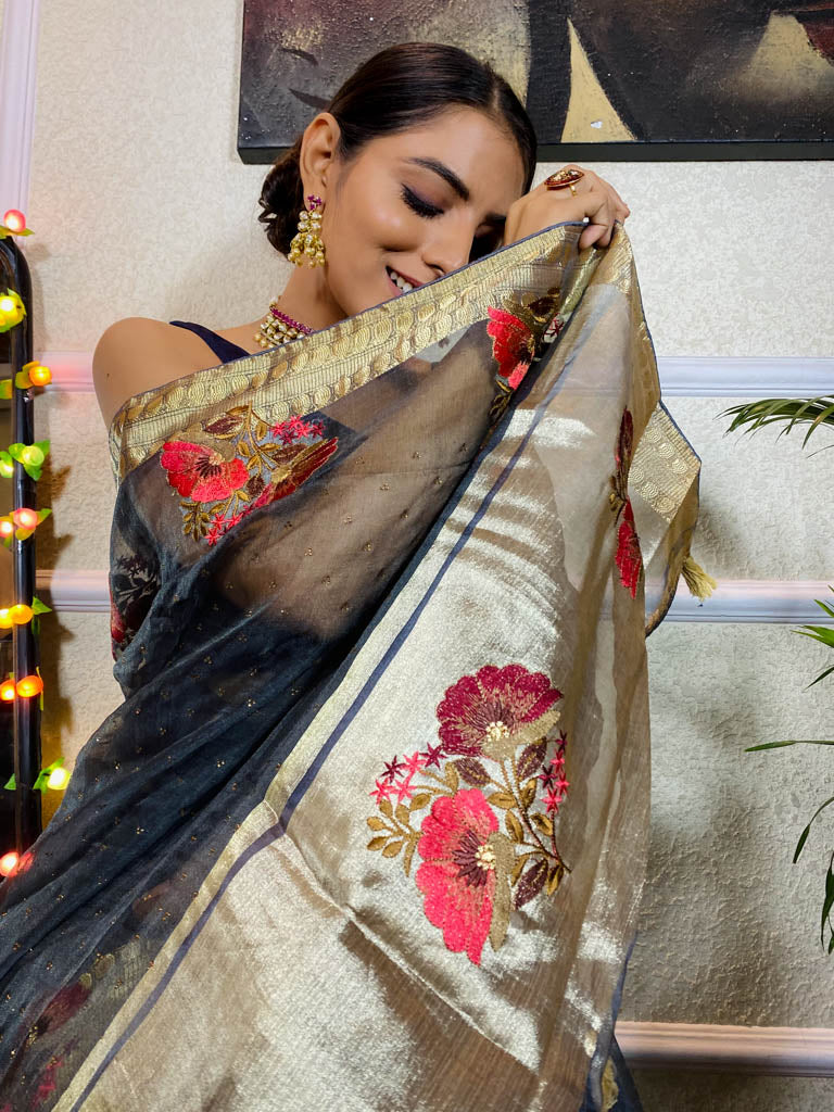 Millennium Grey Organza Silk Saree