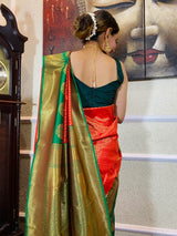 Scarlet Red Kanjeevaram Silk Banarasi Handloom Saree