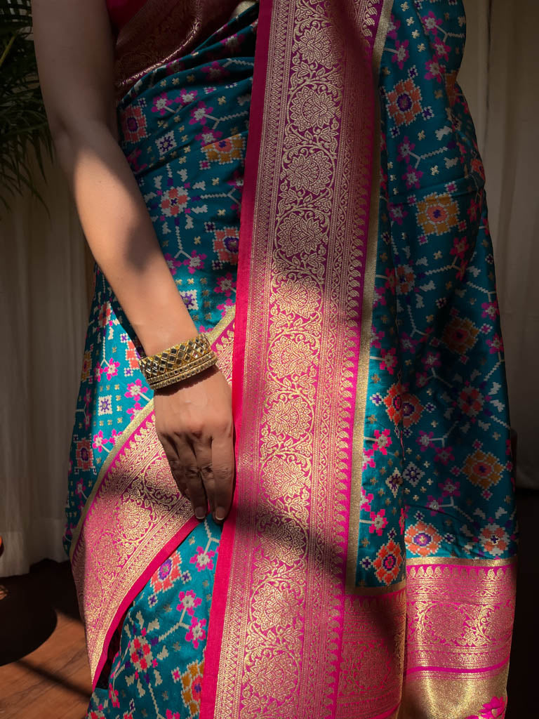 Cerulean Blue Patola Silk Saree