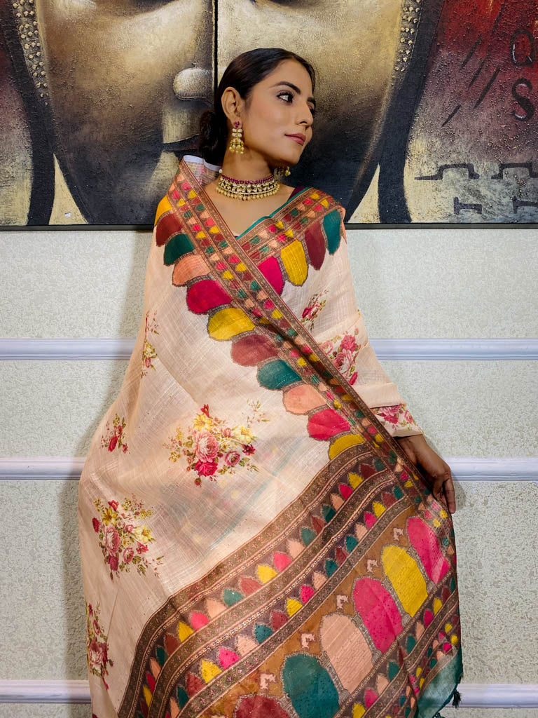 Latte Orange Linen Sequined Saree