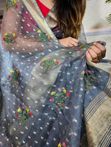 Smoky Grey Organza Silk Saree