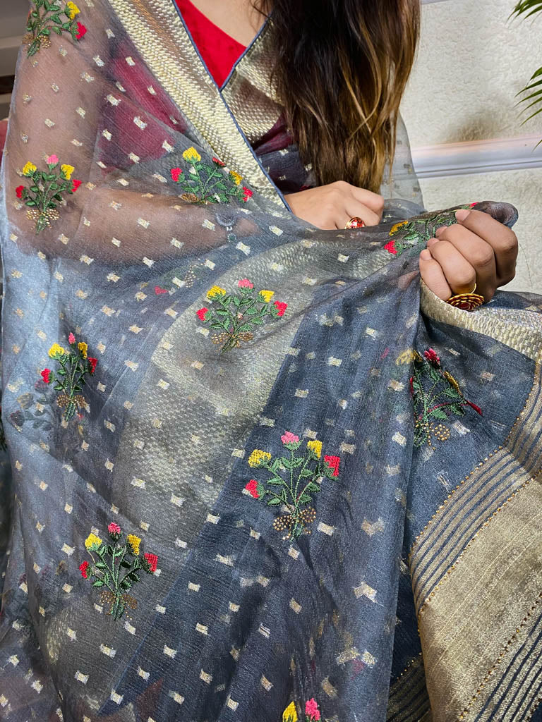 Smoky Grey Organza Silk Saree