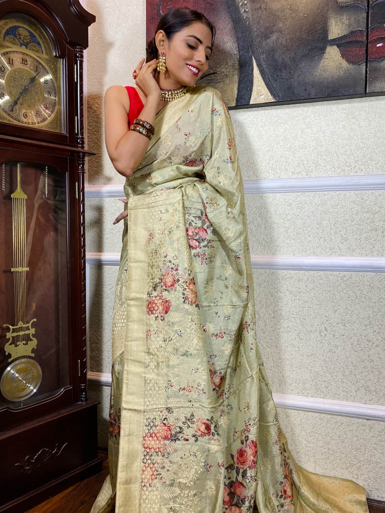 Olive Green Designer Banarasi Silk Saree