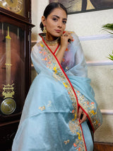 Ocean Blue Organza Crape Silk Saree