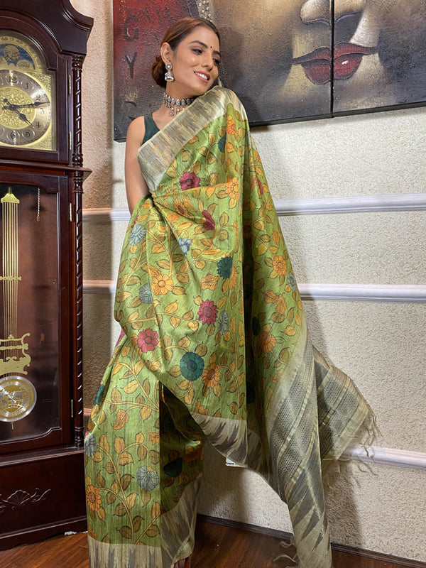 Pista Green Kalamkari Handloom Tussar Silk Saree