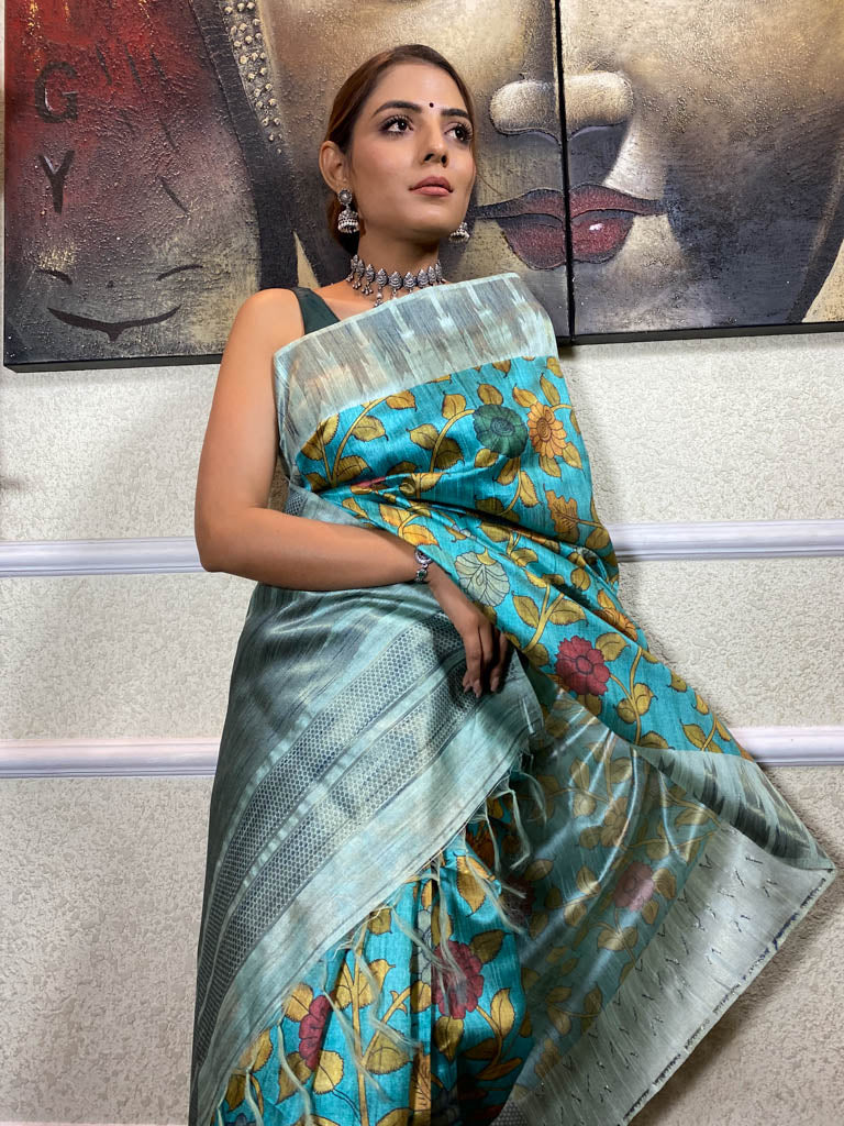 Carolina Blue Kalamkari Handloom Tussar Silk Saree