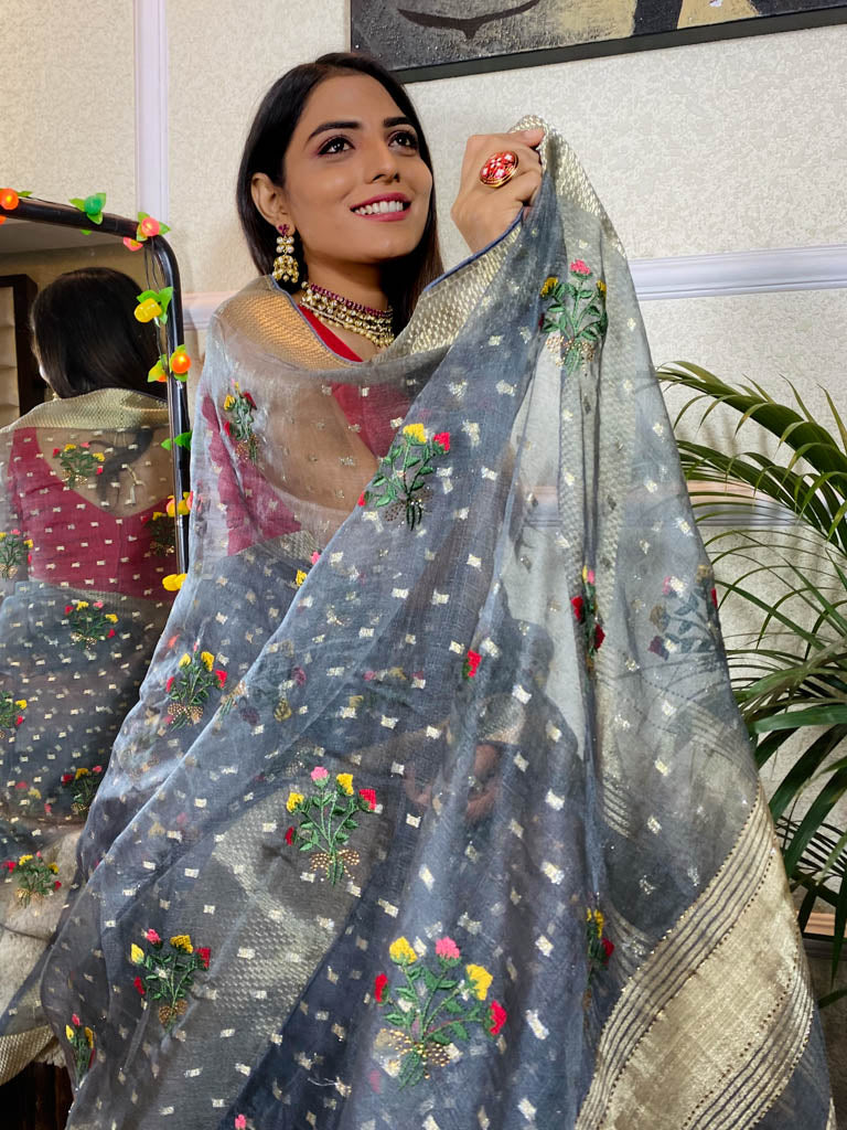 Smoky Grey Organza Silk Saree