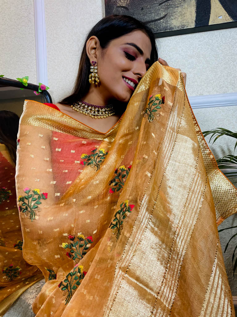 Tangerine Orange Organza Silk Saree