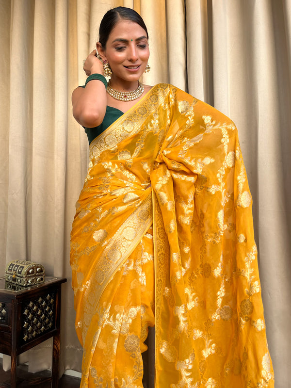 Mustard yellow Banarasi Khaddi Weaved Georgette Saree
