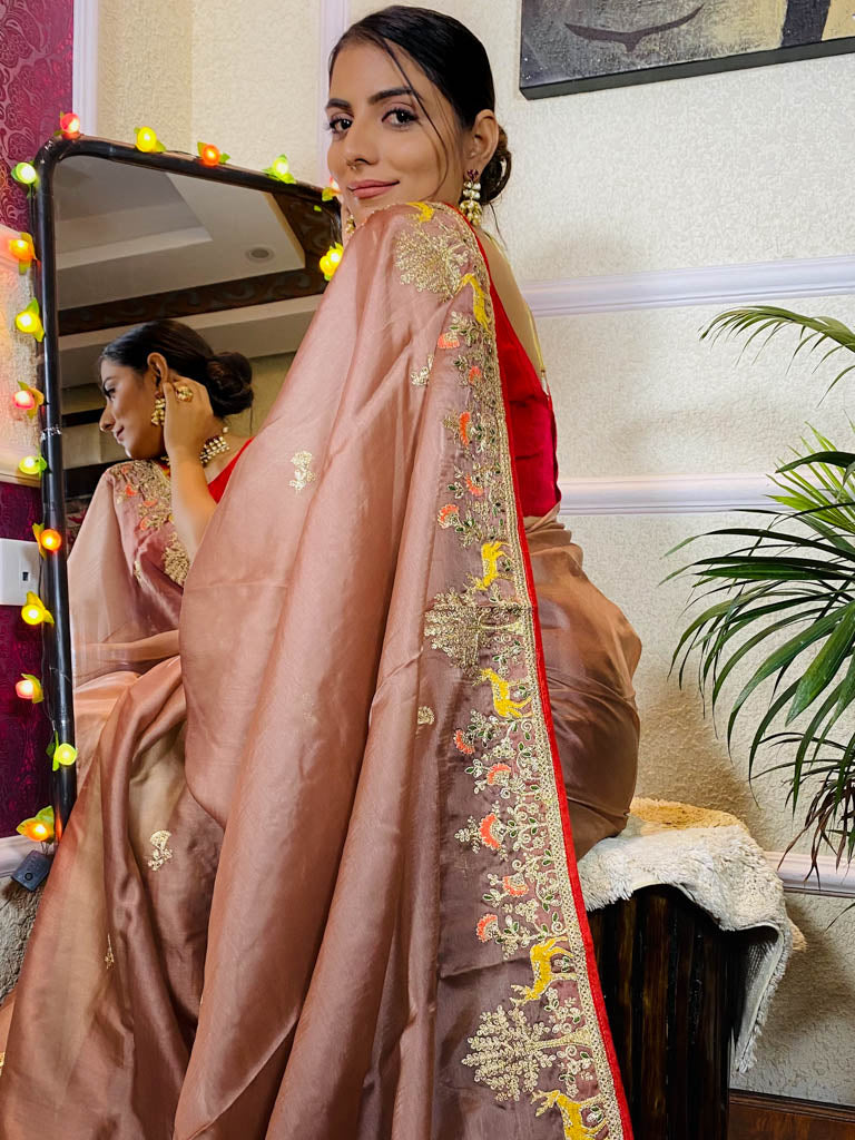 English Brown Organza Crape Silk Saree