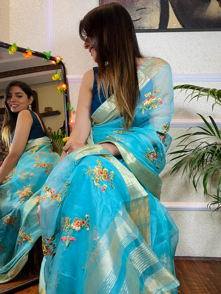 Arctic Blue Organza Silk Saree