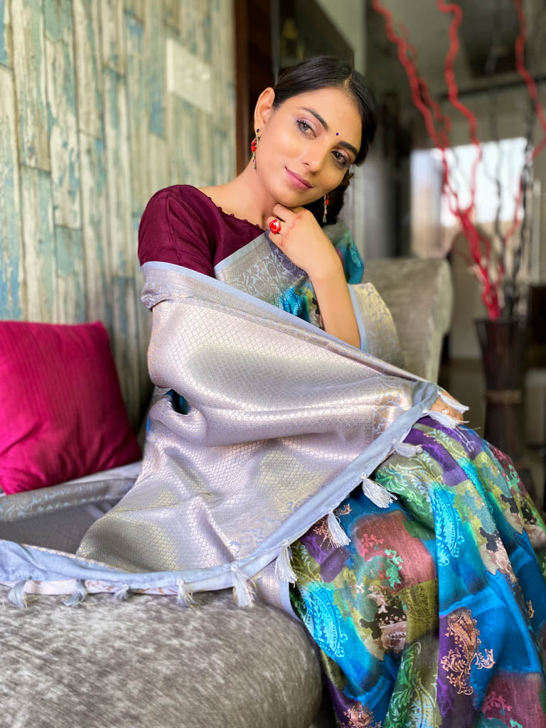 Azure Blue Uppada Cotton Silk Saree