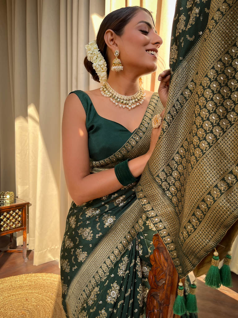 Bottle Green Banarasi Uppada Silk Saree