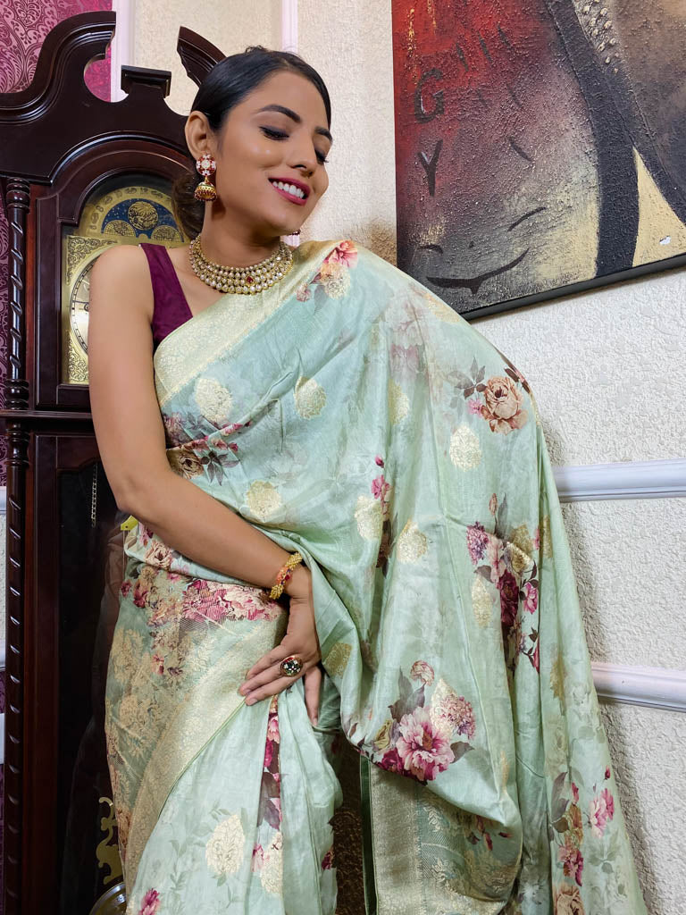 Frost Green Designer Banarasi Silk Saree