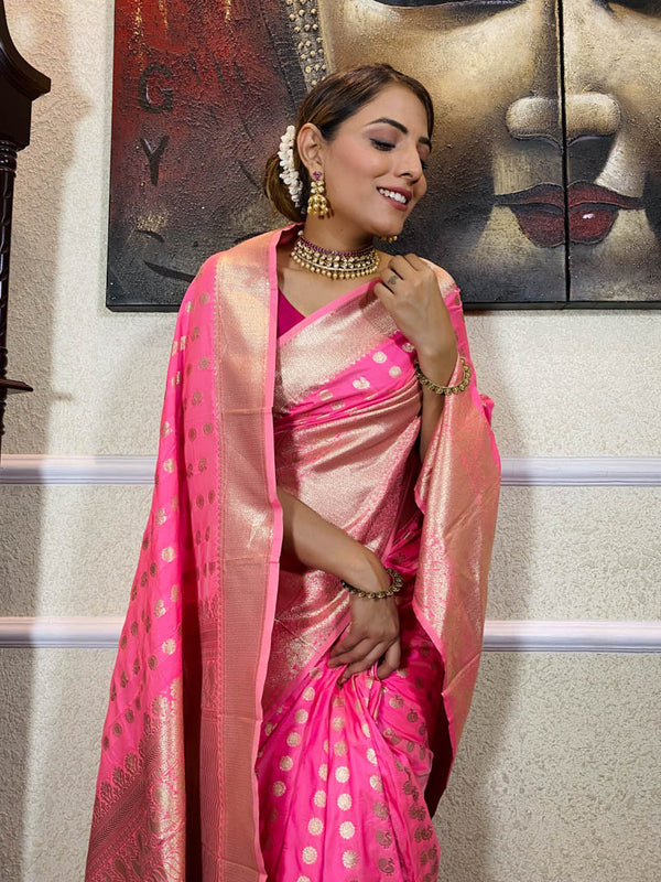 Crayola Pink Banarasi Silk Handloom Saree