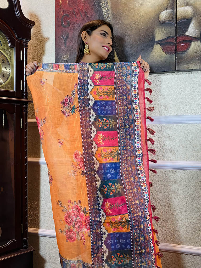 Apricot Orange Linen Sequined Saree