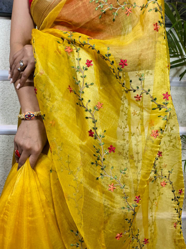 Canary Yellow Organza Silk Saree