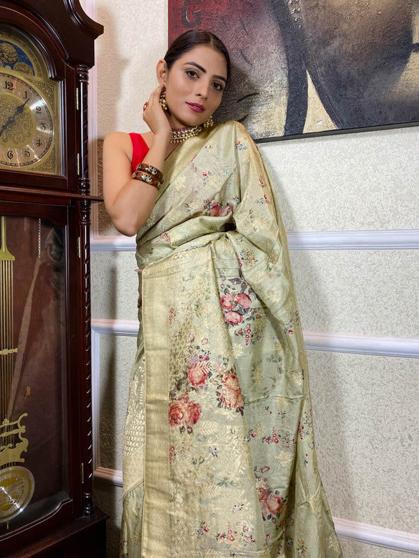 Olive Green Designer Banarasi Silk Saree