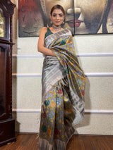Midnight Grey Kalamkari Handloom Tussar Silk Saree