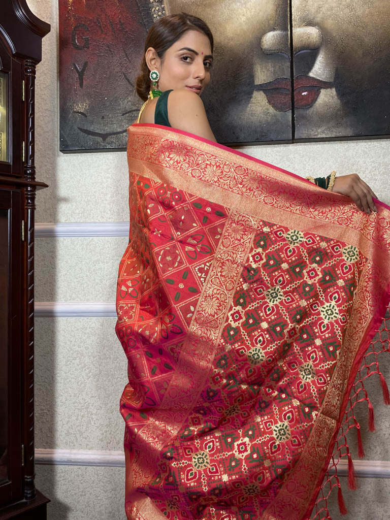 Carrot Red Katan Silk Patola Saree
