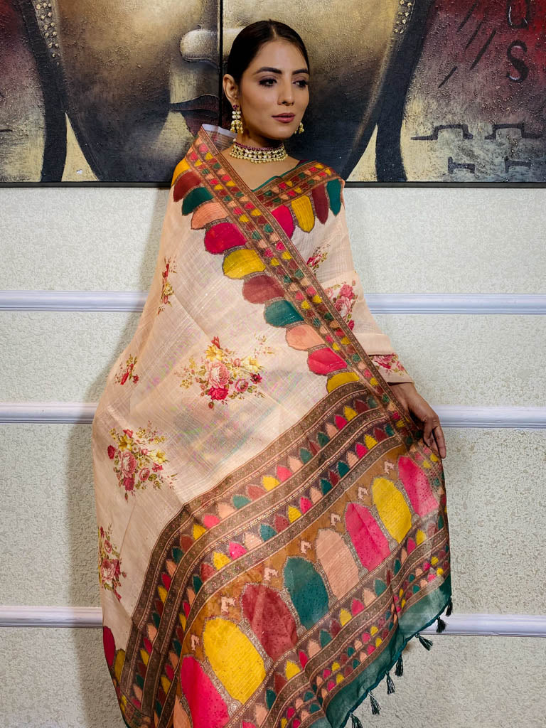 Latte Orange Linen Sequined Saree