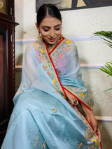 Ocean Blue Organza Crape Silk Saree