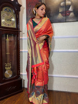 Carrot Orange Katan Silk Banarasi Handloom Saree