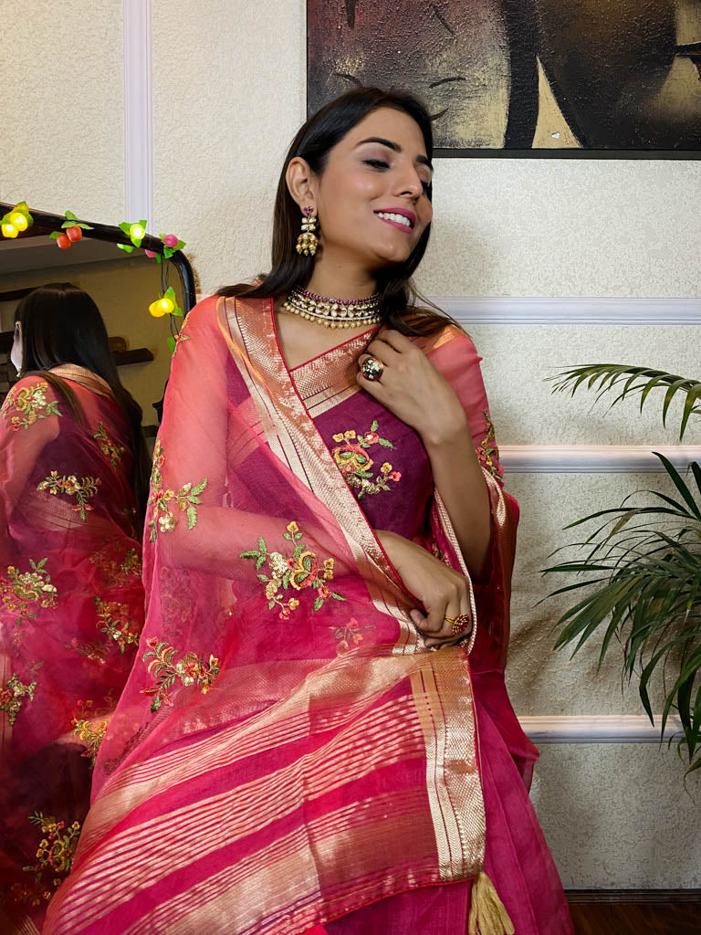 Onion Pink Organza Silk Saree