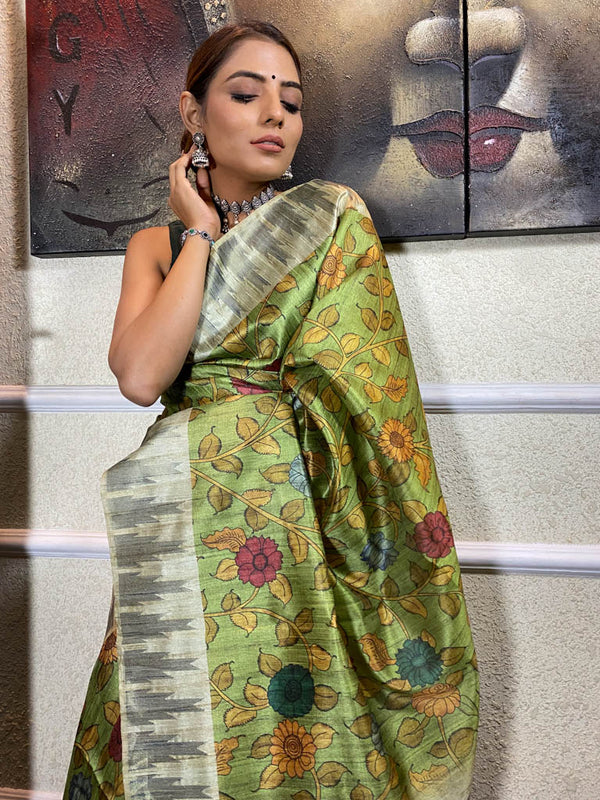 Pista Green Kalamkari Handloom Tussar Silk Saree