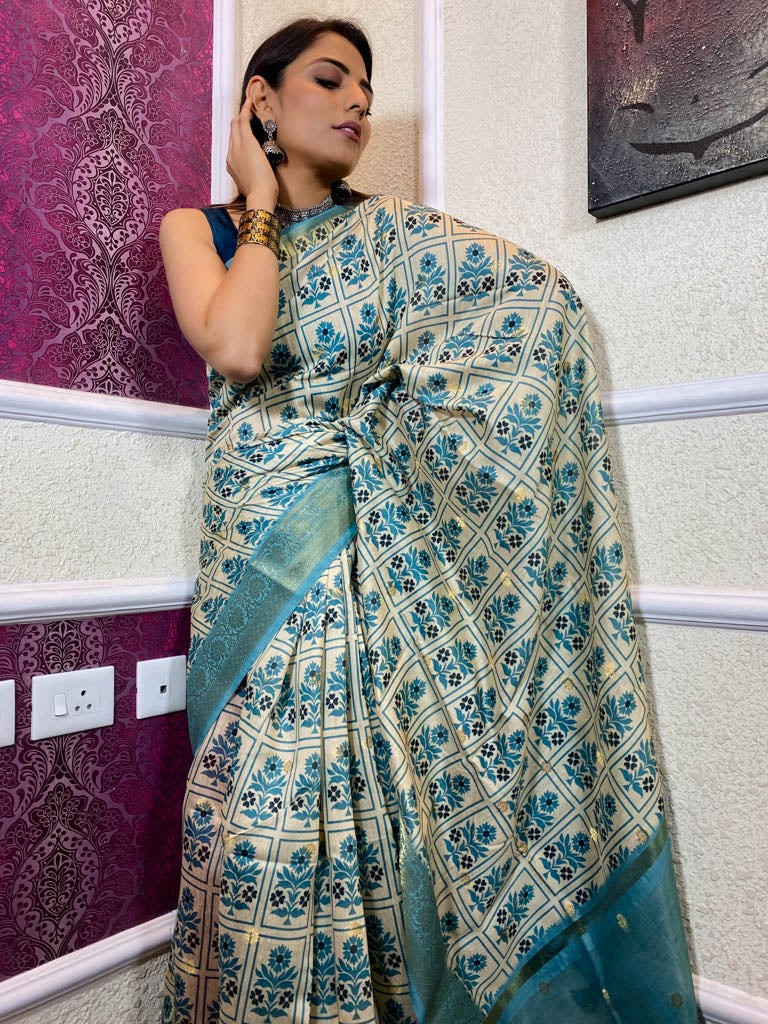 Cream White Uppada Cotton Silk Saree