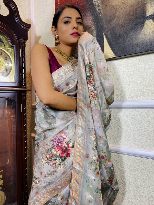 Flint Grey Designer Banarasi Silk Saree
