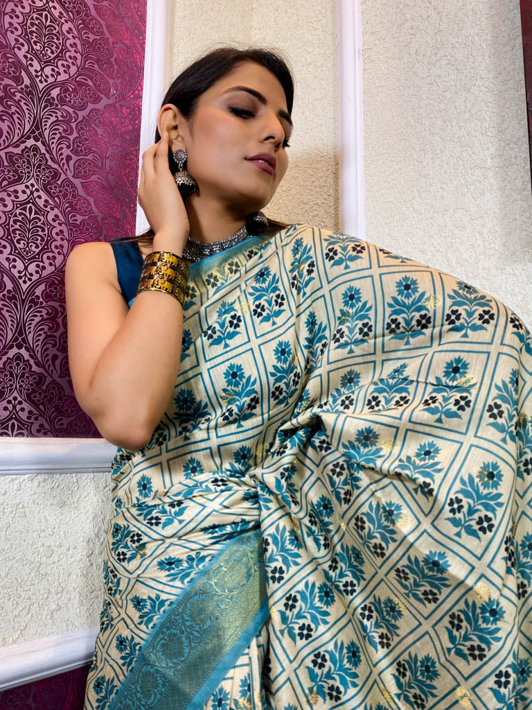 Cream White Uppada Cotton Silk Saree