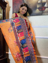 Apricot Orange Linen Sequined Saree