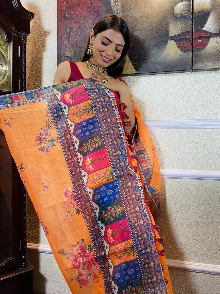 Apricot Orange Linen Sequined Saree