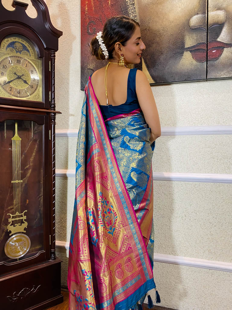 Azure Blue Kanjeevaram Silk Banarasi Handloom Saree