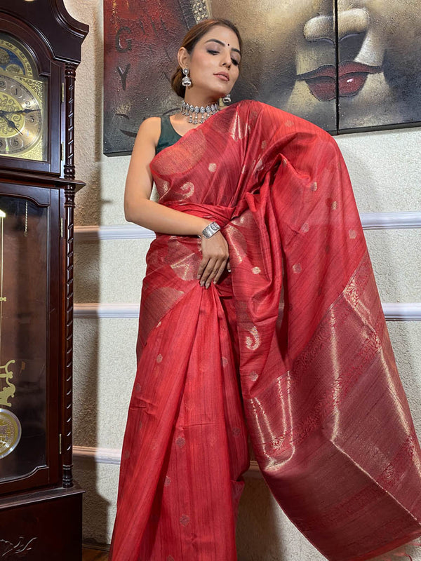 Apple Red Handloom Tussar Silk Saree