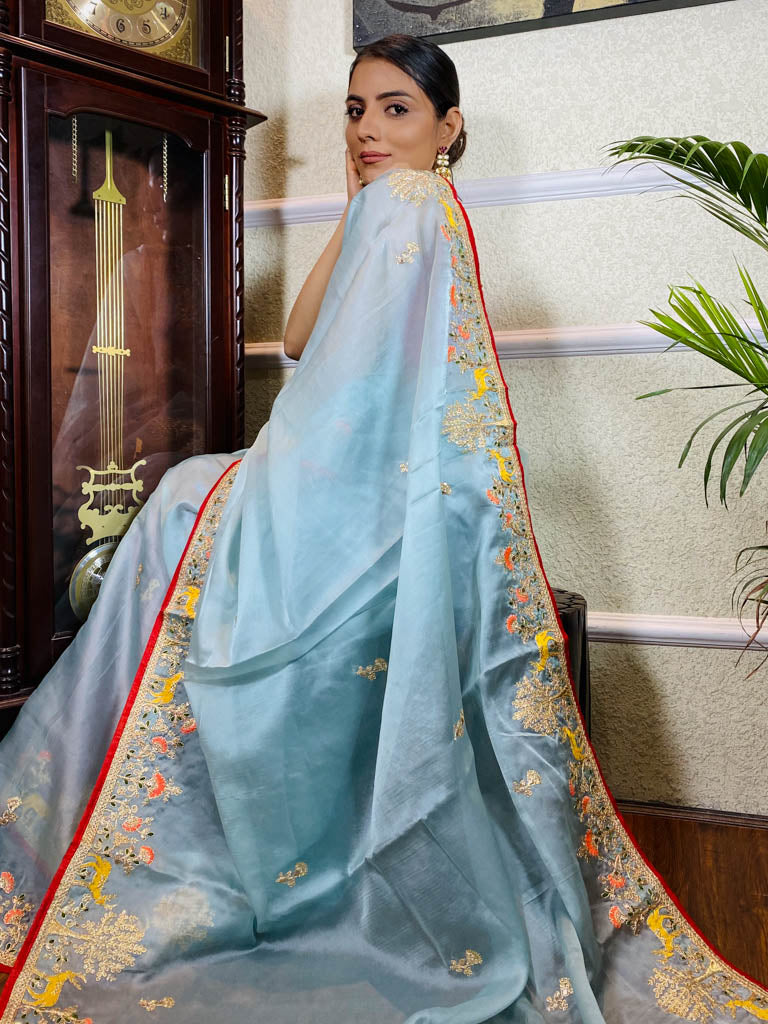 Ocean Blue Organza Crape Silk Saree