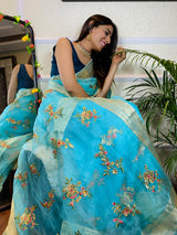 Arctic Blue Organza Silk Saree