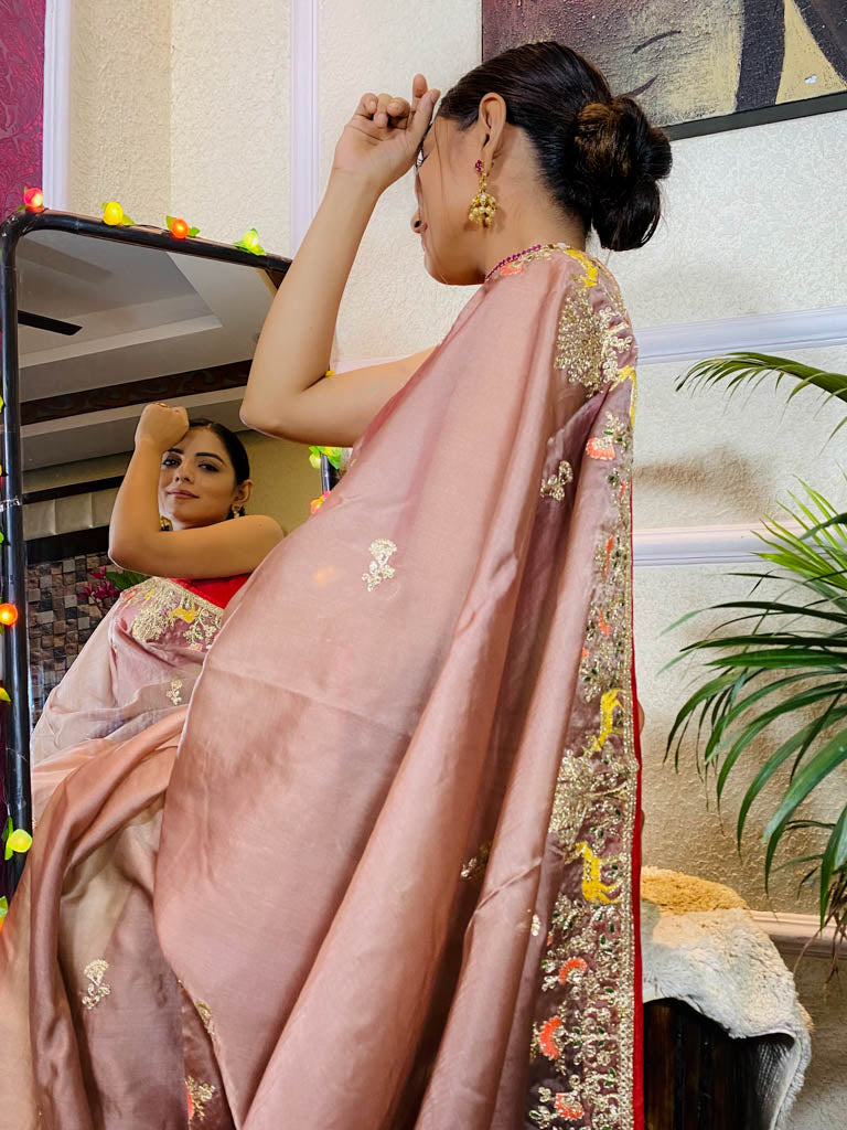 English Brown Organza Crape Silk Saree