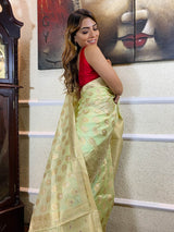 Lime Green Organza Crape Silk Saree