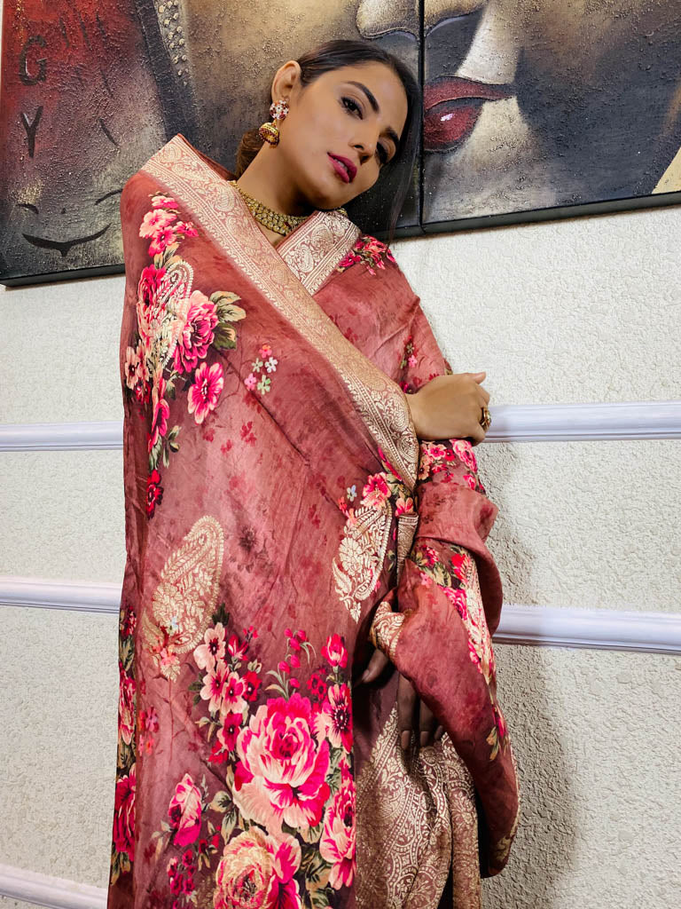 Amber Red Designer Banarasi Silk Saree