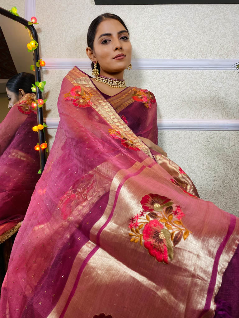 Magenta Purple Organza Silk Saree