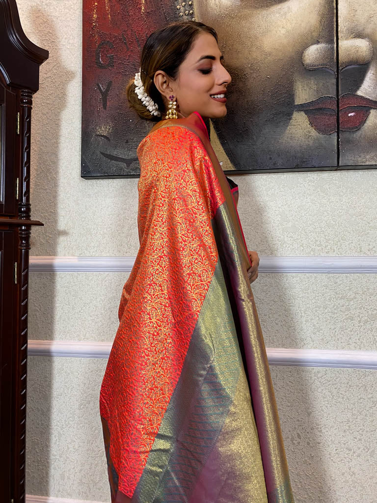 Carrot Orange Katan Silk Banarasi Handloom Saree